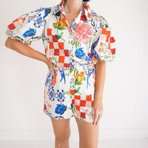 Alden Adair Multicolor Floral Check Button Front Cotton Romper Cottagecore S